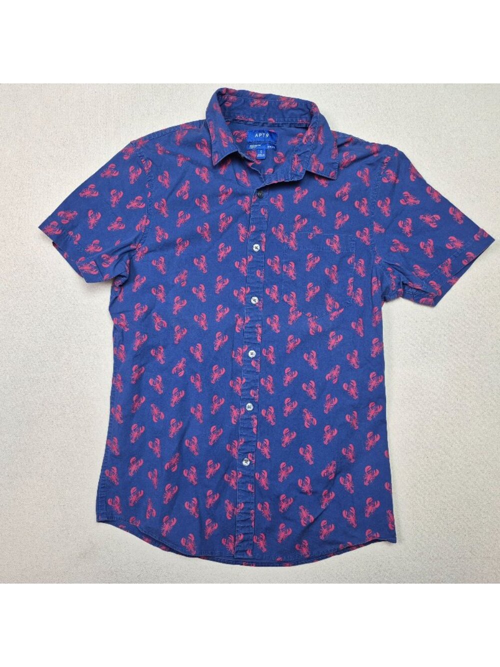 Apt 9 Men's Short Sleeve Button Up Stretch Blue/Red LOBSTER Shirt Sz S Rizzlord
